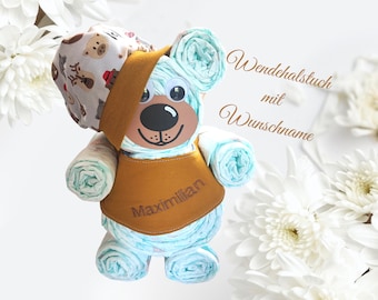 Windeltorte Junge, Windelbär, Windelgeschenk, Babygeschenk - besonderes Geschenk zur Geburt - Halstuch mit Personalisierung