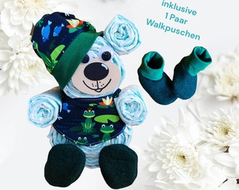 Geschenk Geburt Junge | ausgefallen, besonders, einzigartig | handmade Windeltorte Bär | Halstuch, Mütze, Wollschuhe