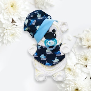 Diaper bear, diaper gift, birth gift, diaper cake - unusual gift for birth - whale fish maritime hat scarf boy blue