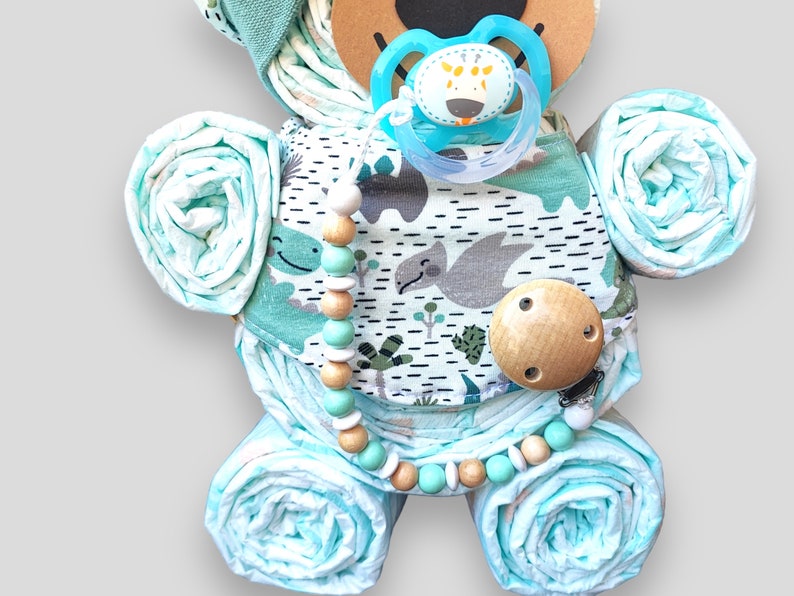 Birth gift Diaper cake bear for boys handmade hat scarf Pacifier chain with or without a name image 4