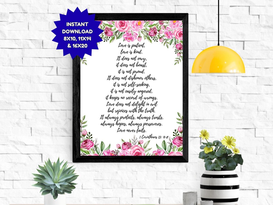 Watercolor Pink Floral Bible Verse Print, 1 Corinthians 13 Scripture ...