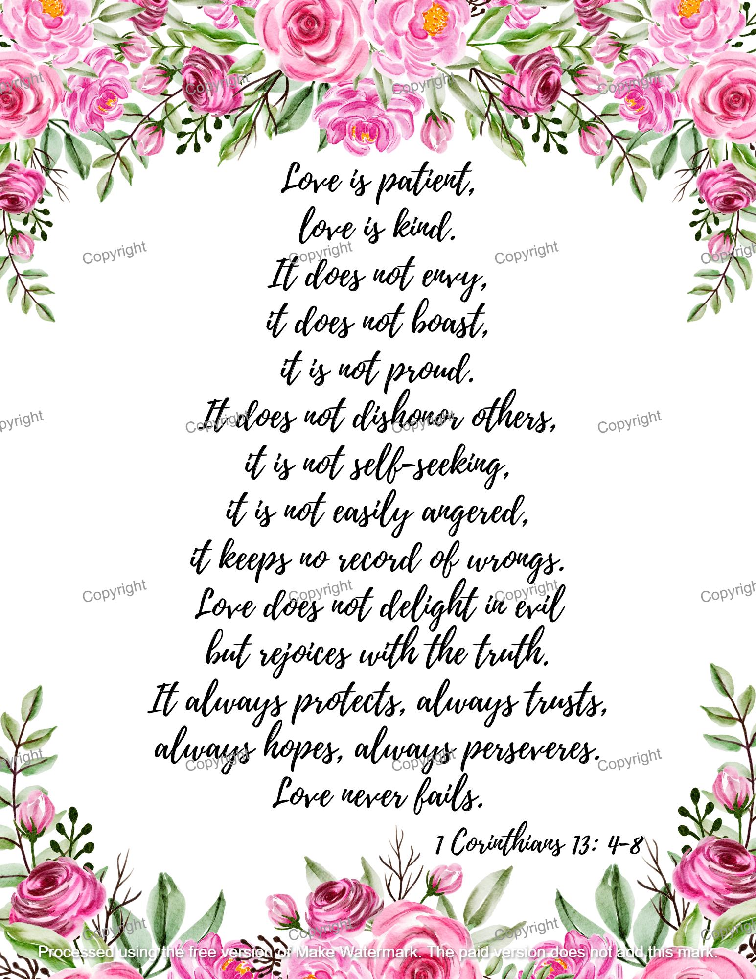Watercolor Pink Floral Bible Verse Print, 1 Corinthians 13 Scripture ...
