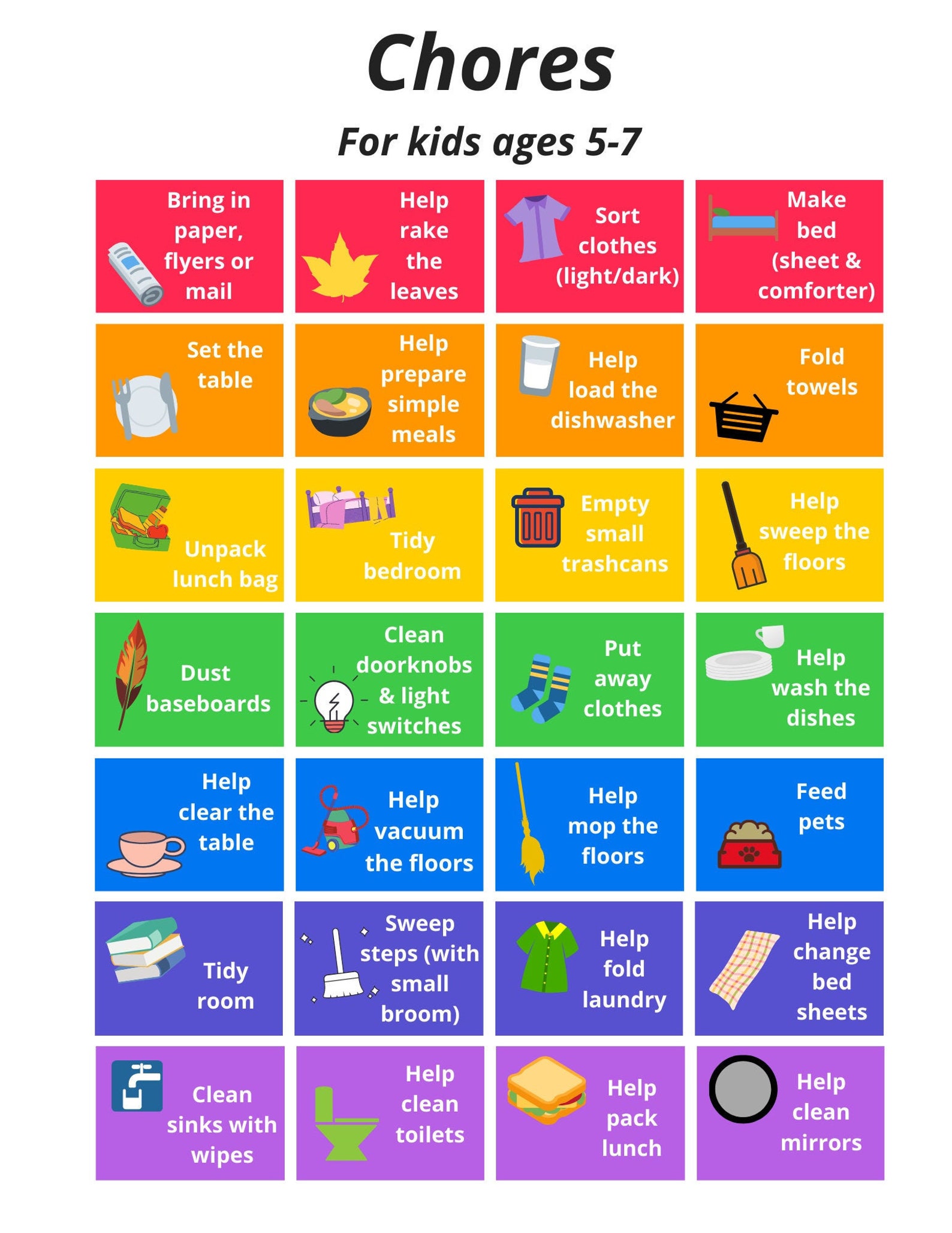Kids Printable Chore Chart Ages 5-7 - Etsy