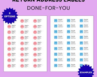 Etiquetas profesionales para direcciones de remitente, listas para usar, con logotipo e información comercial, hojas de etiquetas cuadradas o redondas.