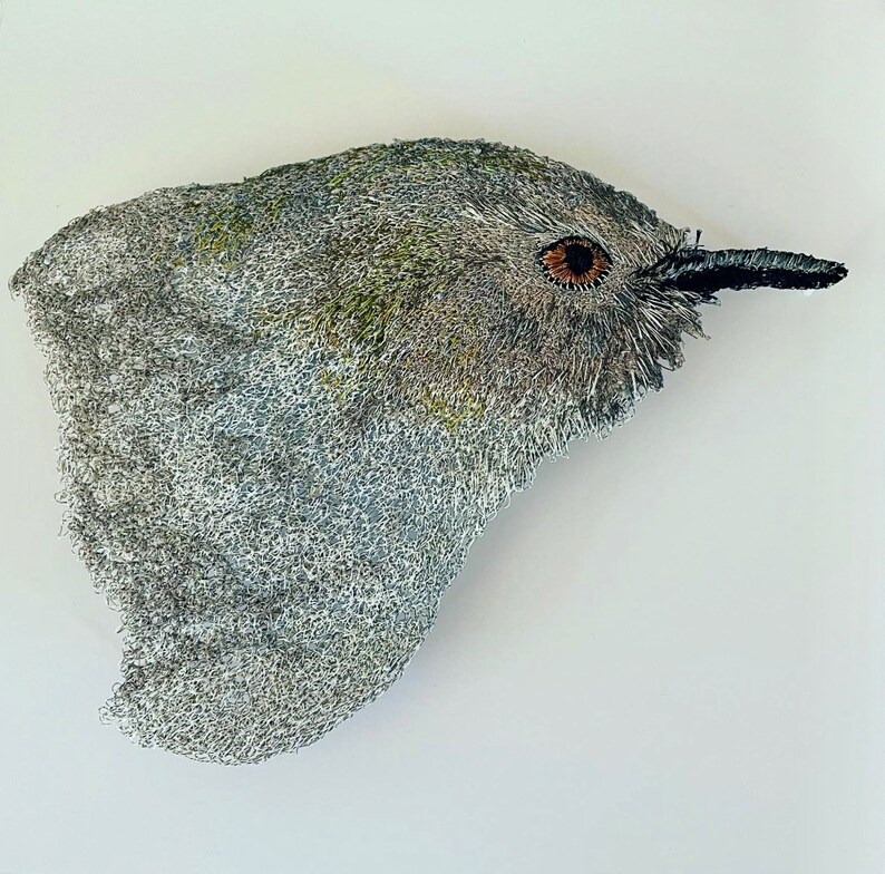 Grey Warbler sculptural embroidery textile bird art.