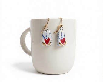 Hand-Painted Porcelain Heart Earrings, Gold Plated Hooks, Pink Blue Lustre Tones