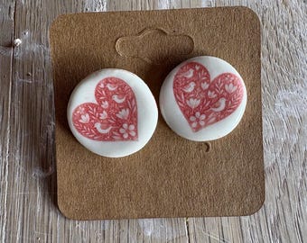 Handmade Porcelain Heart Stud Earrings, Sterling Silver Posts, Floral Bird Design