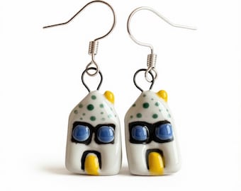 Hand-Painted Porcelain House Earrings, Silver Plated Hooks, South American Art Inspired