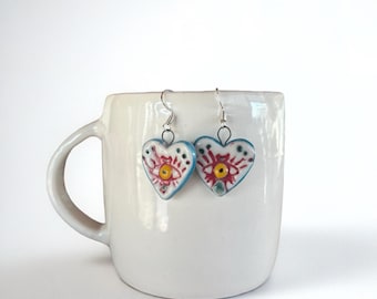 Hand-Painted Porcelain third eye Earrings, silver  Hooks, red,  blue Tones