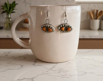 Hand-Painted Porcelain Third Eye Statement Earrings, Orange Blue Tones