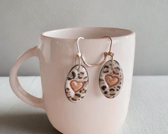Hand-Painted Porcelain Heart Earrings, Gold Plated Hooks, Pink Blue Lustre Tones