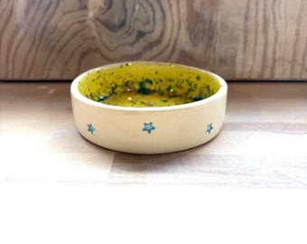 Handmade Ceramic Pet Bowl: Small Dog or Cat Dish with Blue Stars
