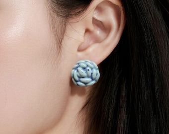 Blue Porcelain Flower Earrings, Sterling Silver Boho Studs