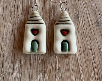 Hand-Painted Porcelain House Earrings, Silver Plated Hooks, South American Art Inspired