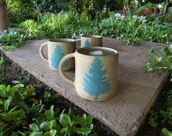 Hand made mugs, ceramic mugs, tree mugs, stencil mugs, artistic mugs, pine tree mugs, minimalistic mugs, elegant mugs