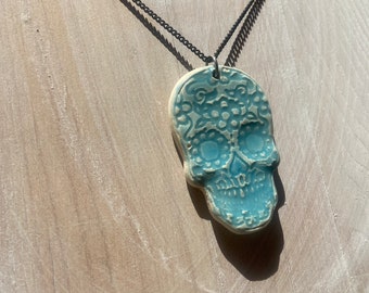 Skull necklace, porcelain Skull, halloween necklace, Skull, Blue mexican skull, mexican necklace, Skull Halloween