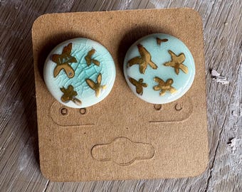 Handmade Porcelain Stud Earrings, Artistic Gold Starburst Design, Sterling Silver Posts