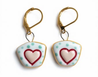 Hand-Painted Porcelain Heart Earrings, Gold Plated Hooks, Pink Blue Lustre Tones