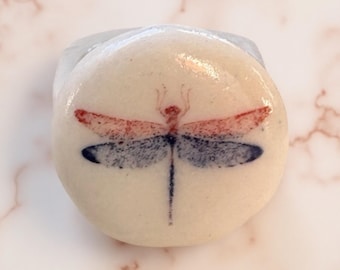 Porcelain Dragonfly Ring, Chunky Animal Ring, Size 8