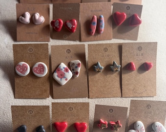 Ceramic earrings, statement earrings, stud earrings, heart earrings, holiday jewelry, original earrings, porcelain earrings, silver studs