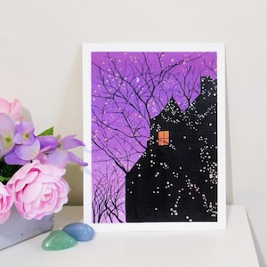 Violet night and lights original acrylic painting on paper image 1