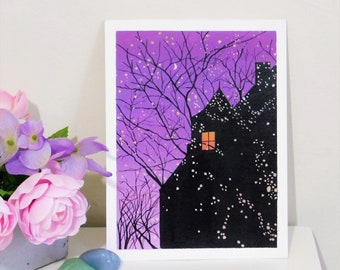 Violet night and lights original acrylic painting on paper