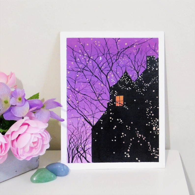 Violet night and lights original acrylic painting on paper image 1