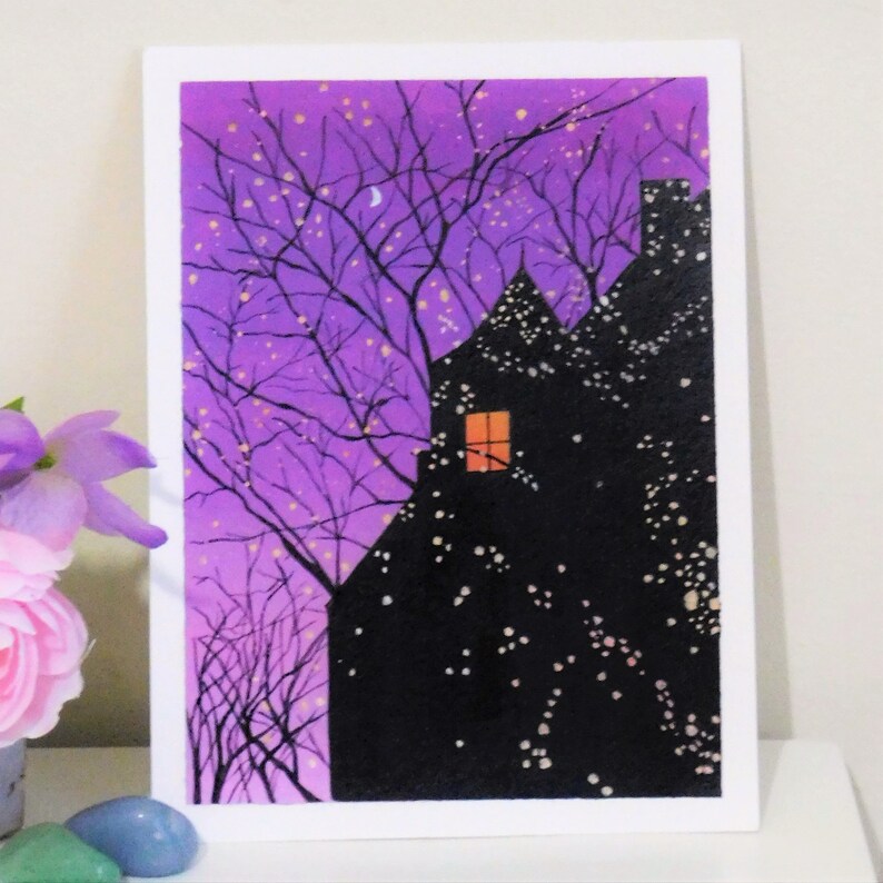 Violet night and lights original acrylic painting on paper image 2