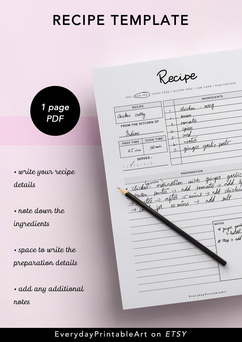 Recipe Card Printable Planner A5 Recipe Binder Cookbook Etsy