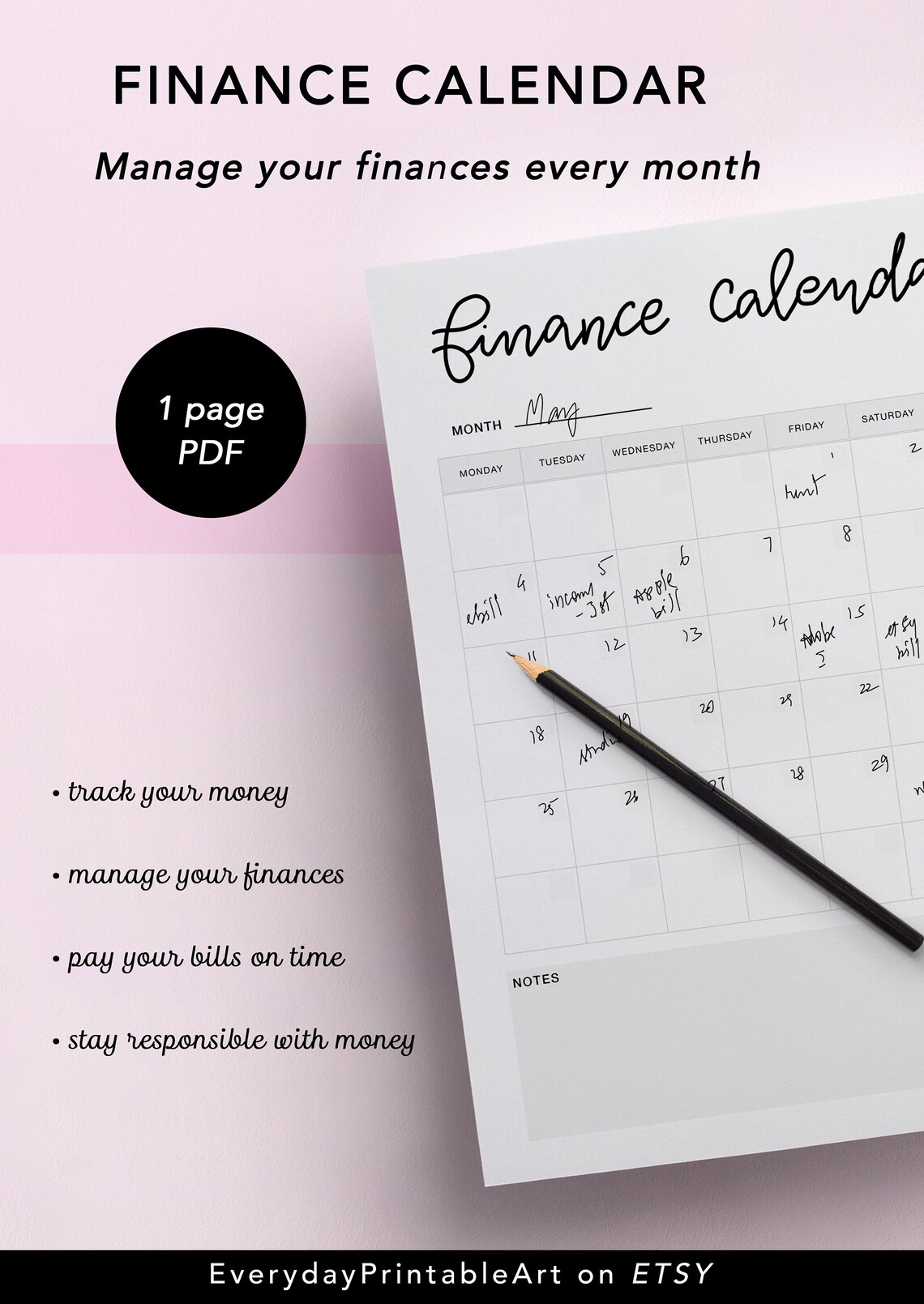 Finance Calendar Printable Budget Planner Monthly Bills - Etsy India