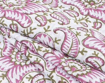 Green & Pink Hand Block Fabric Indian Cotton Natural Light Weight Fabric Kids Dress Fabric Summer Dress Fabric Sewing Fabric By The Yard