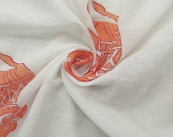 Hand Block Print Cotton Fabric: Orange Elephant Design, Light Weight Indian Textile