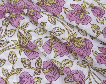 Pink Floral Hand Block Print Fabric Indian 100% Pure Cotton Fabric By The Yard Women Dress Home Decor Light Weight Fabric By The Yard