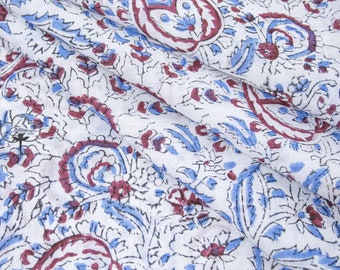 Indian Block Print Cotton Fabric: Blue Burgundy Paisley Floral Fabric by the Yard, Quilting Sewing Craft Textile