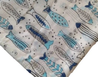 Fish Print Fabric Cotton Fabric Block Printed Voile Fabric Dressmaking Light Weight Soft Cotton Indian Fabric By The Yard