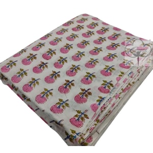 Pink White Floral Fabric Indian Handmade Cotton Hand Block Print Fabric For Running Material Summer Dressmaking Fabric By The Yard