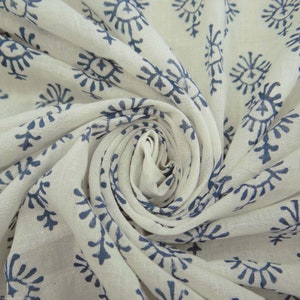 Blue White Floral Indian Handmade Voile Cotton Handblock Print Fabric For Dress Material Dress Making Summer Women Dress Fabric Robe By Yard