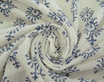Blue Floral Handblock Print Cotton Voile Fabric, Indian Dress Material By The Yard