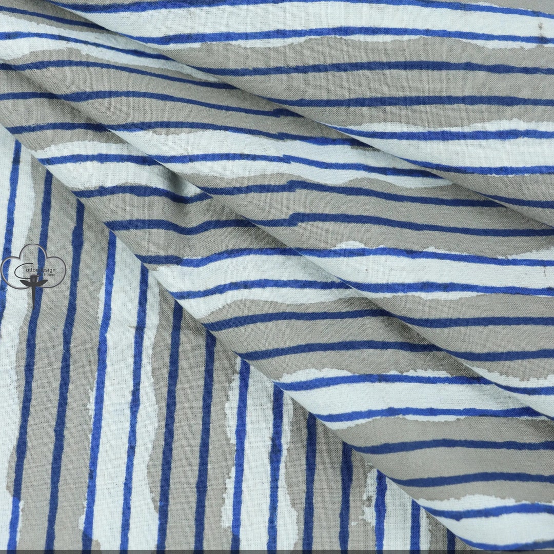 Grey Kashish Striped Hand Block Print Fabric Indian 100 Pure Cotton Light Weight Fabric Summer
