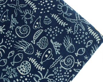 Indigo Hand Block Print Cotton Fabric, Ocean Theme Indian Fabric By The Yard for Dress Making & Quilting
