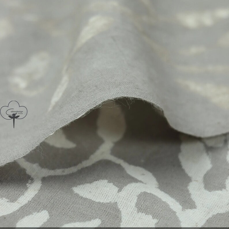 Grey Floral Mud Resist Hand Block Print Fabric Indian Cotton Natural