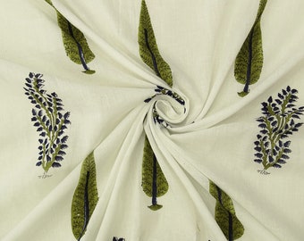 Green Leaf Floral Hand Block Print Fabric Indian Handmade 100% Cotton Fabric Dress Material Summer Womens Dress Modern Fabric Robe By Yard