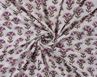 By The Yard Hand Block Printed Cotton Fabric Purple Floral, Soft Lightweight Indian Fabric Sewing, Quilting, Dressmaking Crafts
