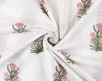 Pink Green Hand Block Floral Printed Fabric Indian Handmade 100% Pure Cotton Home Decor Vegetable Dyed Clothing By The Yard