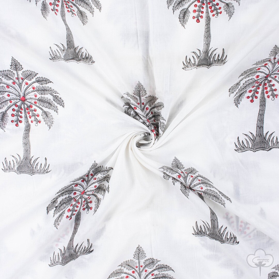 Grey Palm Tree Block Print Fabric Indian 100 Pure Cotton Fabric grey-palm-tree-block-print-fabric-indian-100-pure-cotton-fabric