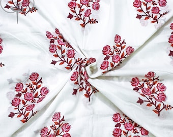 Pink Floral Hand Block Printed Cotton Fabric, Indian Handmade Fabric by the Yard