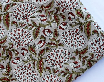 Red Green Floral Print Fabric Hand Block print Fabric Indian Cotton Natural Light Weight Fabric Kids Dress Fabric By The Yard