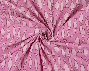 Pink Fish Hand Block Print Bagru Fabric : Cotton Fabric