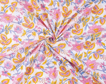 Hand Block Printed Fabric Indian 100% Cotton Multi Color Floral Home Decor Dressmaking Womens Clothing Summer dresses Fabric By The Yard