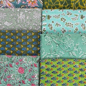 Green Color Bundle Fabric Indian Hand Block Floral Print Fabric Summer Dressmaking Womens Clothing Fabric Crafting Fabric By The Yard